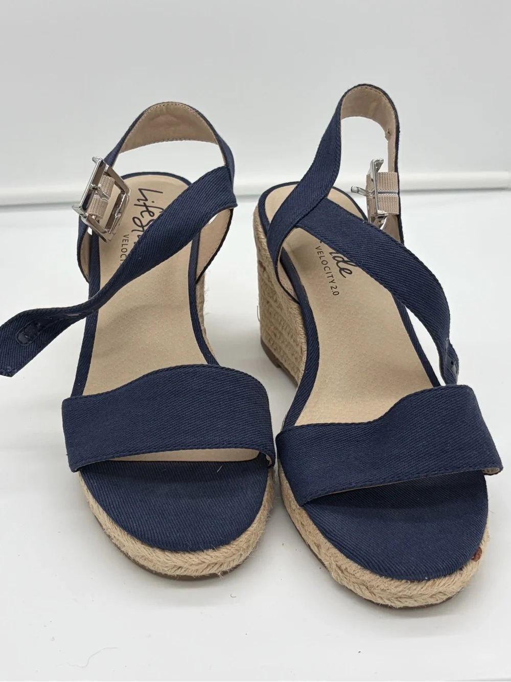 Life Stride Navy Fabric Wedge Sandals